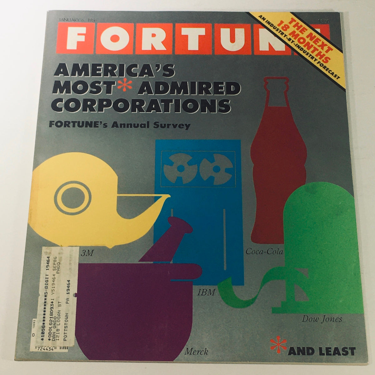 Cover of Vintage Fortune Magazine January 6 1986 featuring America's Most Admired Corporations Survey with colorful graphics and company logos.