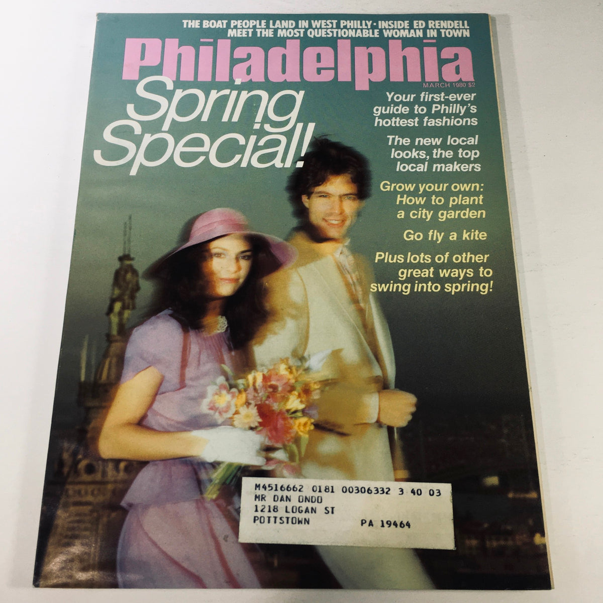 Vintage Philadelphia Magazine March 1980 cover featuring Ed Rendell and a story on Boat People in West Philly, showcasing a spring theme with a woman in a pink hat and floral bouquet alongside a man.