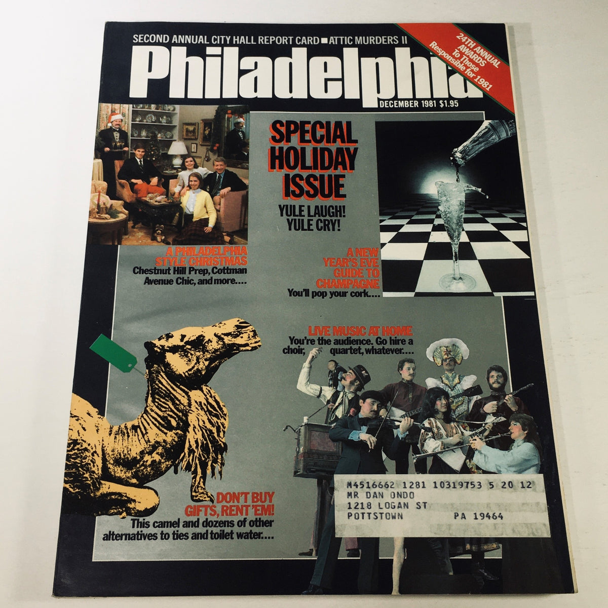 Cover of the December 1981 issue of Philadelphia Magazine titled 'VTG Philadelphia Magazine December 1981 - Attic Murders II / Yule Laugh and Cry', featuring festive holiday themes, vintage illustrations, and a unique blend of humor and intrigue.