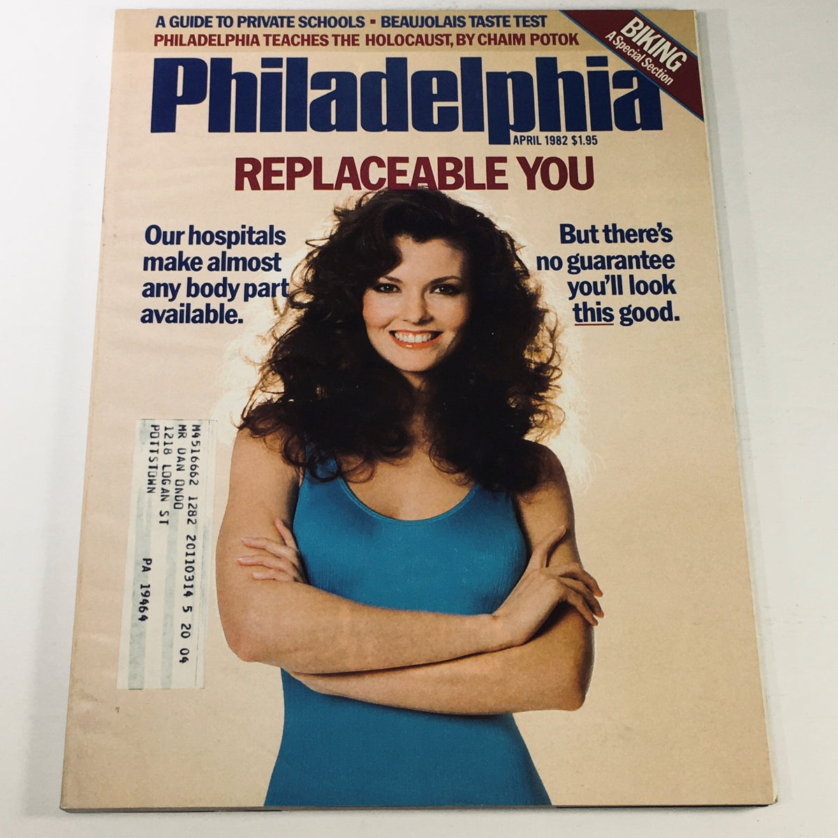 Cover of the April 1982 issue of Philadelphia Magazine featuring the title 'VTG Philadelphia Magazine April 1982 - The Holocaust by Chaim Potok'. The cover displays a smiling woman in a blue tank top and mentions various articles related to health and social issues, along with an address label that adds a unique vintage character.