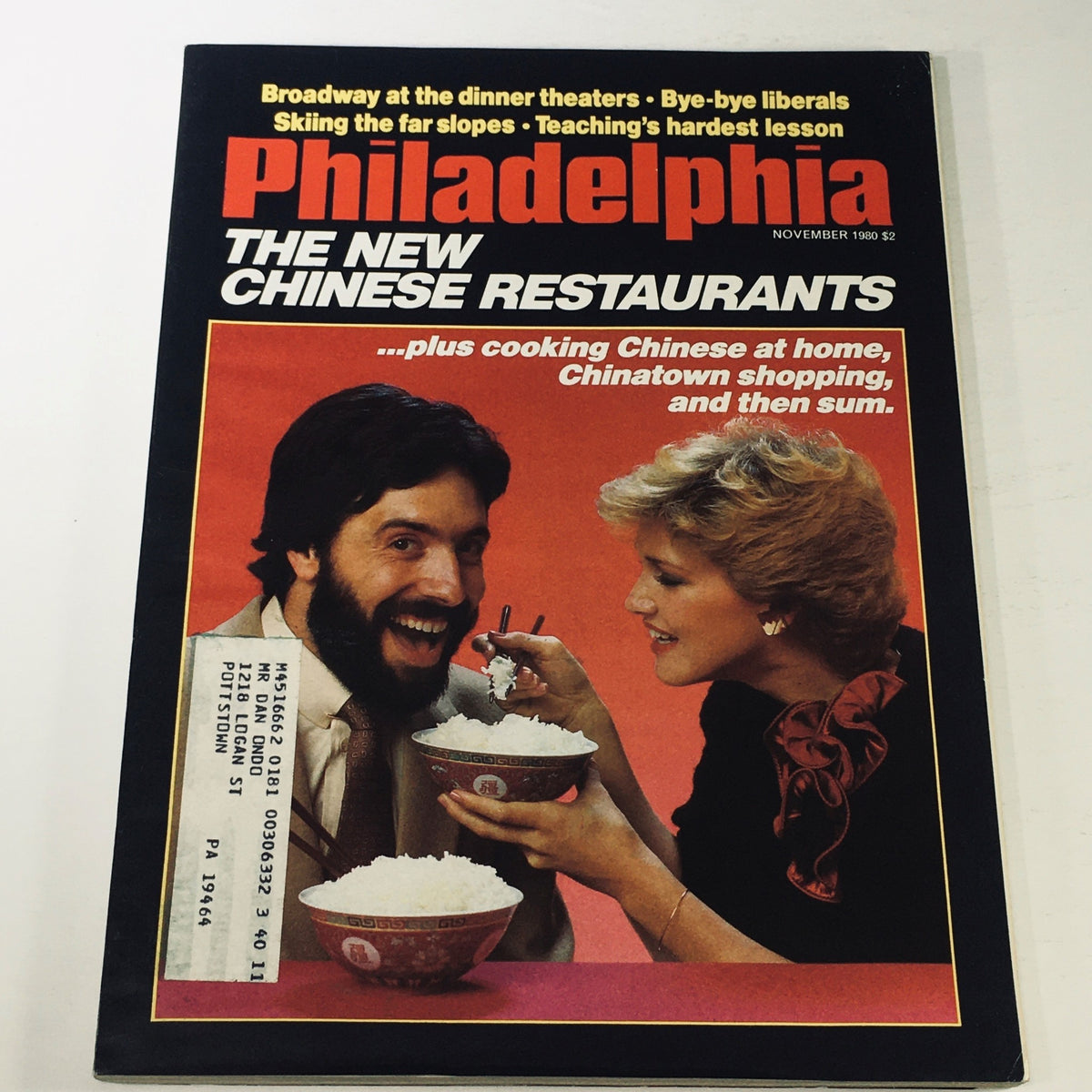 Cover of Philadelphia Magazine from November 1980 featuring an article on The New Chinese Restaurants, showcasing a man and woman enjoying bowls of rice, with a bold tagline highlighting dining in Chinatown and cooking Chinese at home.