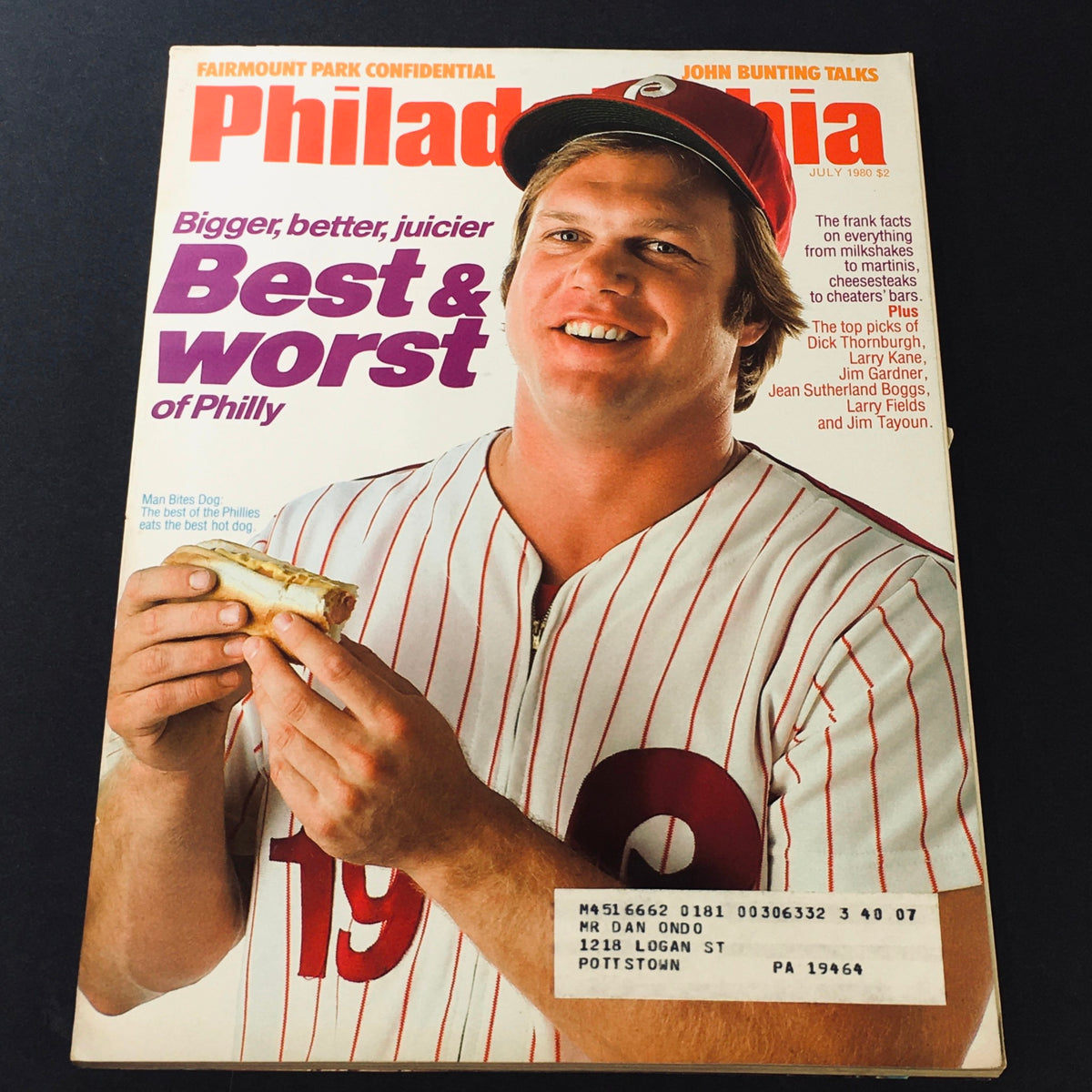 Cover of Philadelphia Magazine July 1980 issue featuring the title 'Best & Worst of Philly'. The cover showcases a smiling man in a baseball jersey holding a hot dog, highlighting Philadelphia's culinary culture.