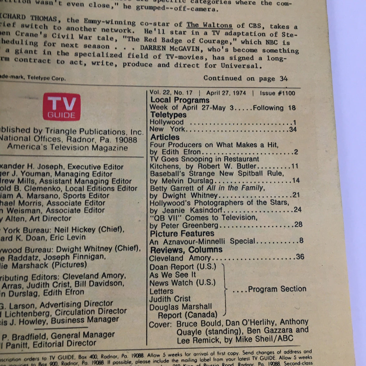 TV Guide Magazine April 27 1974 featuring Bruce Bould and Dan O'Herlihy - Articles and programming details including local Los Angeles programs and features.
