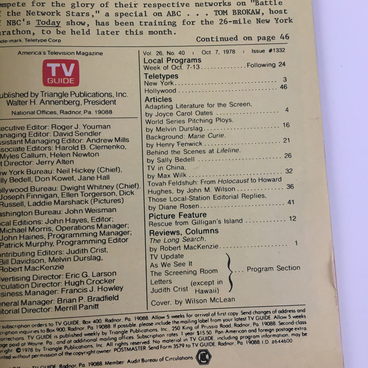 Table of contents page from TV Guide Magazine October 7 1978, detailing articles and features including 'World Series Pitching Ploys' and other entertainment topics, with the issue number #1332.
