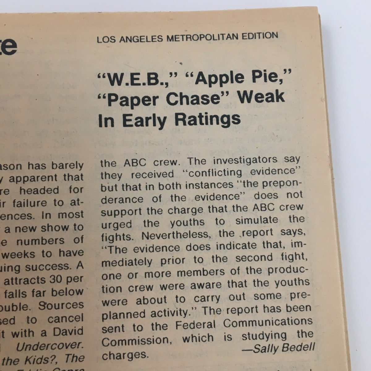 Close-up view of TV Guide Magazine dated October 7 1978 featuring headlines on 'W.E.B.,' 'Apple Pie,' and 'Paper Chase,' highlighting ratings issues from the Los Angeles Metropolitan Edition.