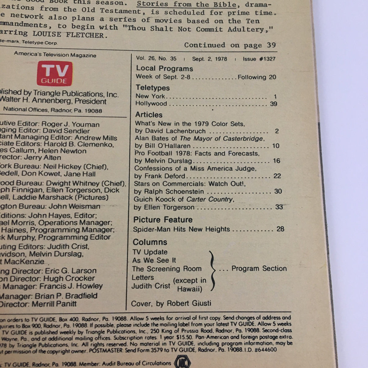 Back cover of TV Guide Magazine September 2 1978 showing publication details and articles including Pro Football 1978.