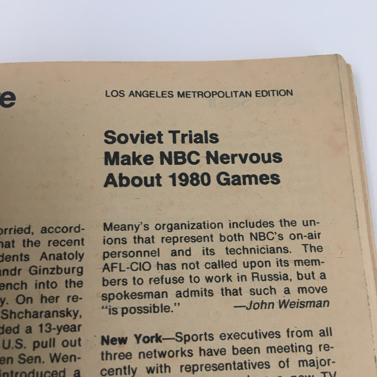 Page from TV Guide Magazine July 29 1978 discussing NBC's concerns about the 1980 Olympics amidst geopolitical tensions, as part of the Los Angeles metropolitan edition.
