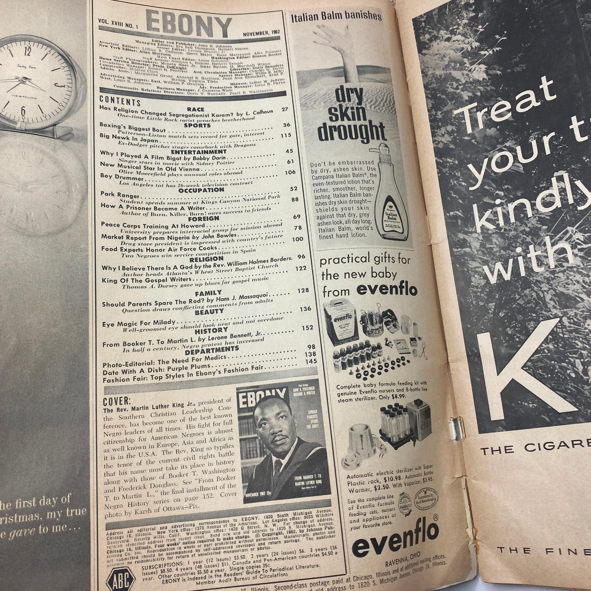 Inside layout of the Vintage Ebony Magazine November 1962 Vol 18 No. 1, displaying the table of contents and a feature on Martin Luther King Jr.