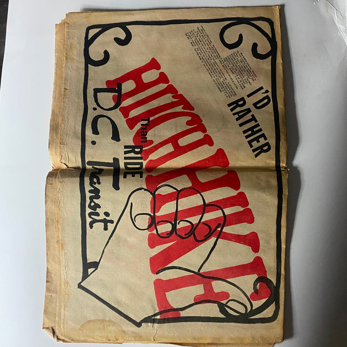 Interior page of the VTG Washington Free Press Newspaper from November 16-30, 1968 featuring a bold graphic titled 'HITCHHIKE'. Volume 2, No. 44, provides a glimpse into the editorial style and societal commentary of the late 1960s.