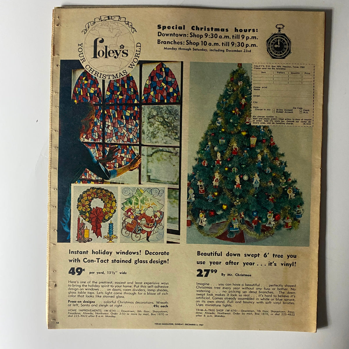 VTG Texas Sunday Magazine December 3 1967 showcasing a holiday advertisement from Foley's, including a stained glass window decoration and a decorated Christmas tree.
