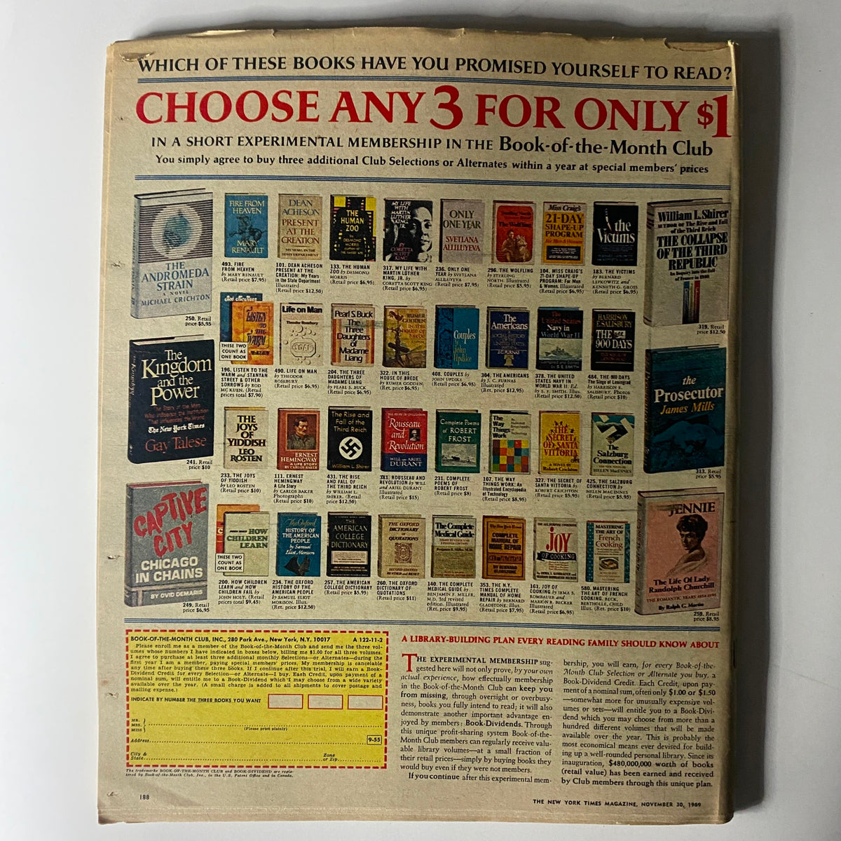 Back page of The New York Times Magazine November 30, 1969 displaying an advertisement for the Book-of-the-Month Club with various book selections.