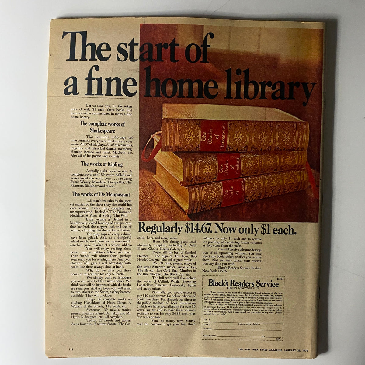 Page from The New York Times Magazine January 25, 1970 titled 'The start of a fine home library', displaying an advertisement for classic literature books with descriptions of Shakespeare, Kipling, and De Maupassant.