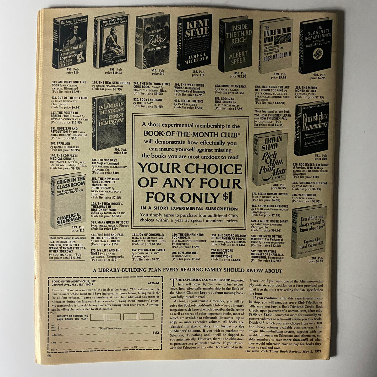 Back cover of The New York Times Book Review from May 2, 1971, showcasing advertisements, including a special subscription offer for the Book-of-the-Month Club.