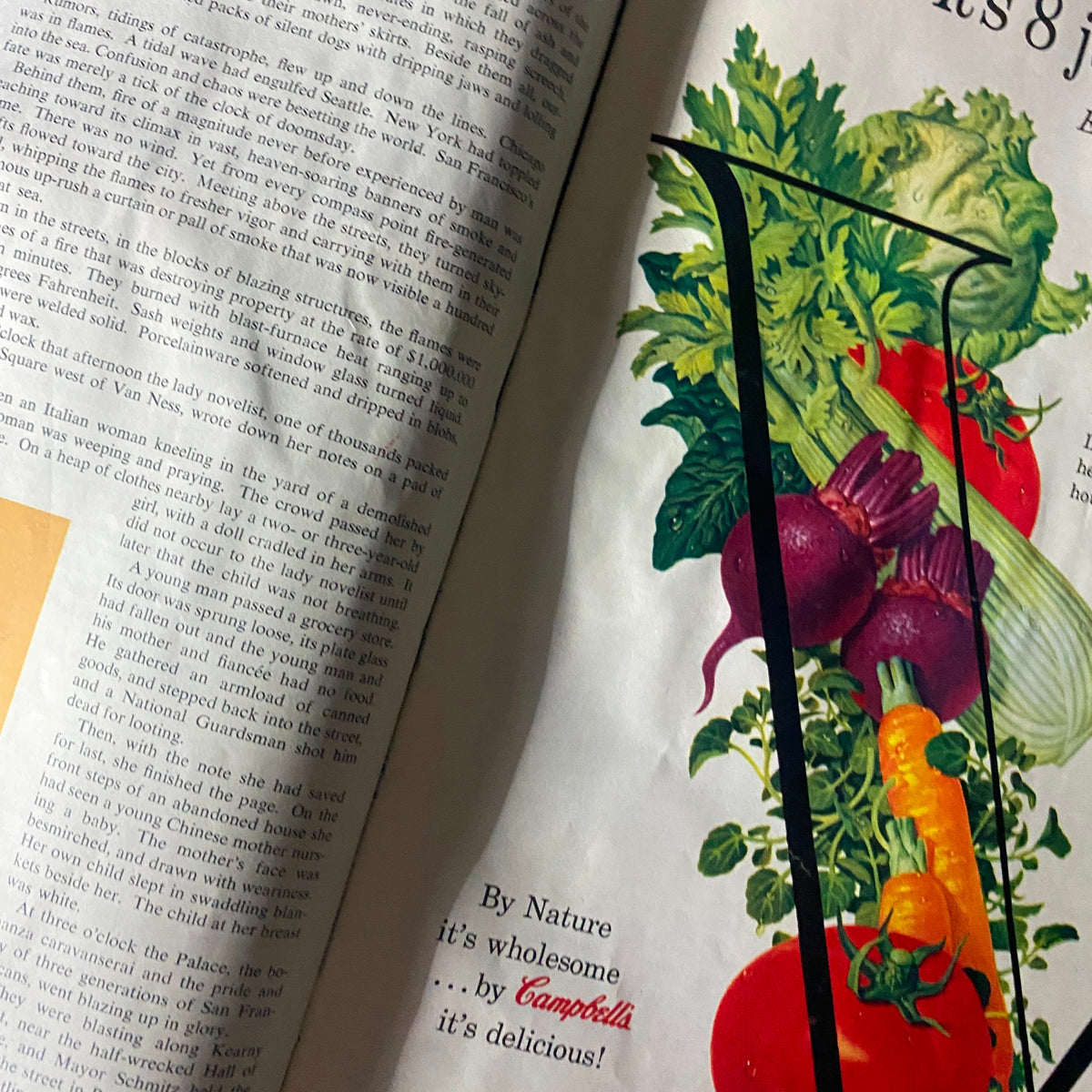 Vintage advertisement showcasing Campbell's vegetable products, featured in VTG Collier's Magazine March 30 1956, with colorful imagery of fresh vegetables and promotional text.