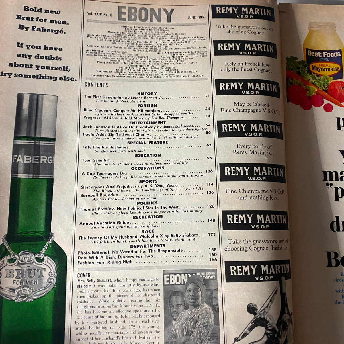 Interior view of the June 1969 issue of VTG Ebony Magazine, displaying the contents page and advertisements, highlighting articles related to the legacy of Malcolm X and cultural topics from the era.