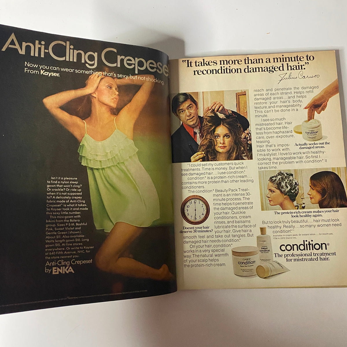 Mademoiselle Magazine February 1974 advertisement for Anti-Cling Crepese by Kaytex, showcasing a model in a green dress, emphasizing comfort and style.