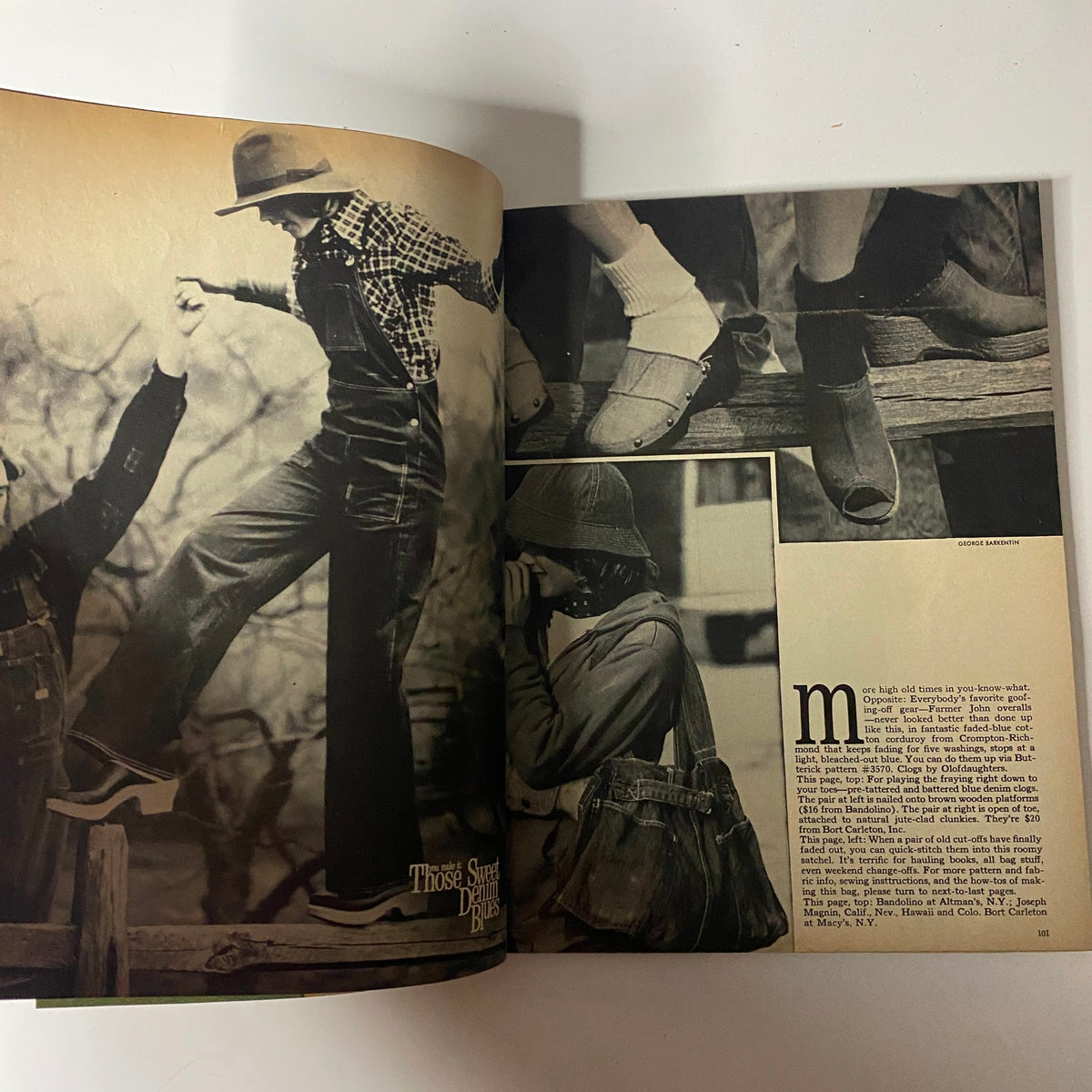 Mademoiselle Magazine February 1974 page displaying 'Those Sweet Denim Blues' fashion feature, highlighting stylish denim outfits worn by models.