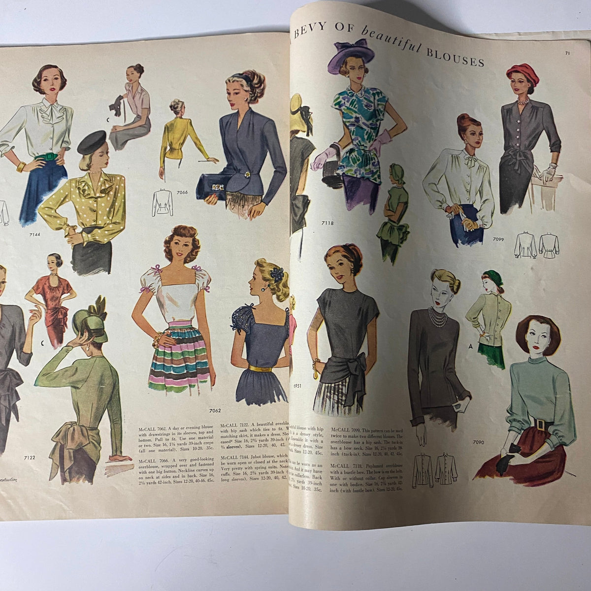 1948 McCall Styles Spring Pattern Book Catalog highlighting a curated selection titled 'Bevy of Beautiful Blouses', featuring various blouse designs and styles illustrated in vibrant colors.