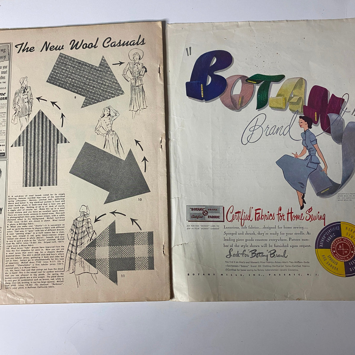1948 McCall Styles Spring Pattern Book Catalog displaying pages titled 'The New Wool Casuals' and 'Botan Brand', focusing on fashion sewing tips and fabric recommendations.