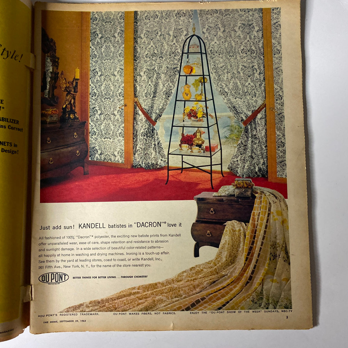 Interior advertisement page from The New York Times Magazine on September 29, 1963, promoting Kandell batiste fabrics in a stylishly decorated room, showcasing home décor trends of the era.