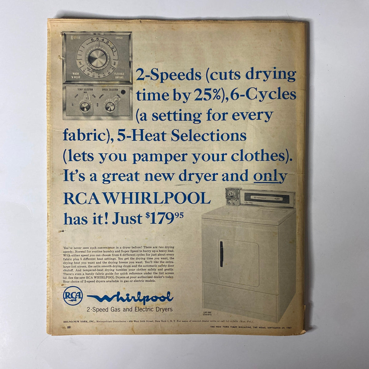 The New York Times Magazine September 29, 1963 displaying an advertisement for RCA Whirlpool dryers, illustrating vintage appliance features and pricing from the 1960s.