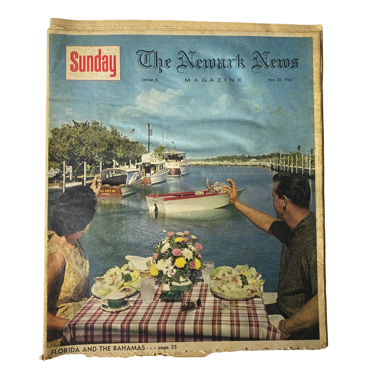 Cover of the Sunday Newark News Magazine from May 22, 1966, featuring a scenic view of Florida and The Bahamas, with a picturesque waterfront scene, a boat, and a dining setup. This edition highlights mid-1960s culture, fashion, and travel.