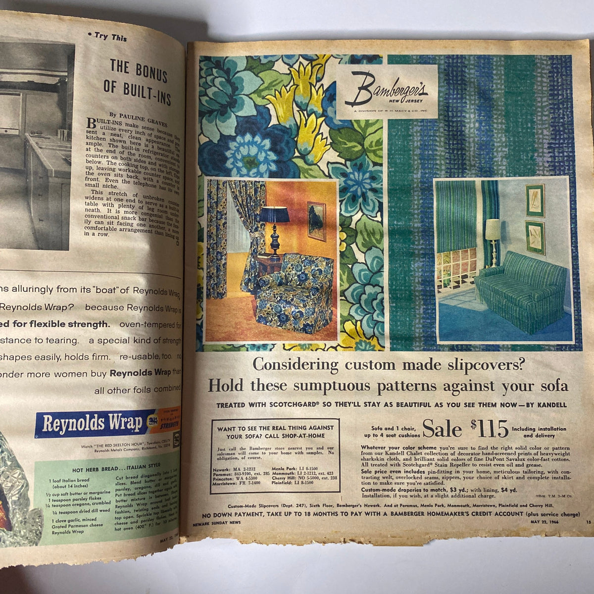 Advertisement page from Sunday Newark News Magazine May 22, 1966 featuring home décor and furniture options, highlighting mid-century design trends.