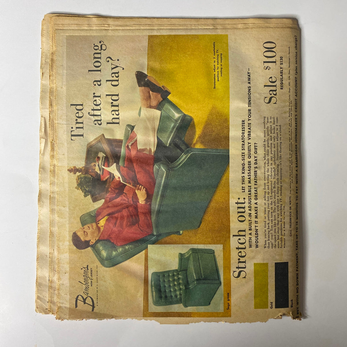 Cover image of the Sunday Newark News Magazine from May 22, 1966, featuring a vintage advertisement showcasing a woman relaxing with the caption 'Tired after a long, hard day?' The illustration highlights furniture designs from the era, capturing the mid-60s style and aesthetic.