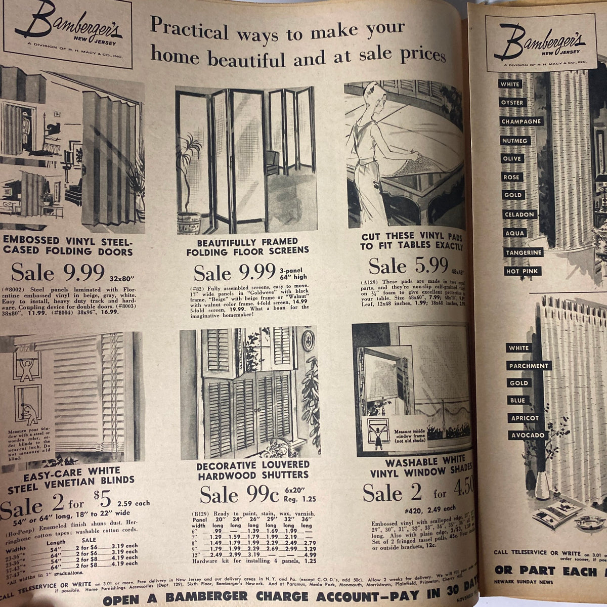 Bamberger's advertisement featuring practical home improvement products such as steel-cased folding doors, vinyl blinds, and hardwood shutters on sale, from the Sunday Newark News Magazine November 10, 1963.