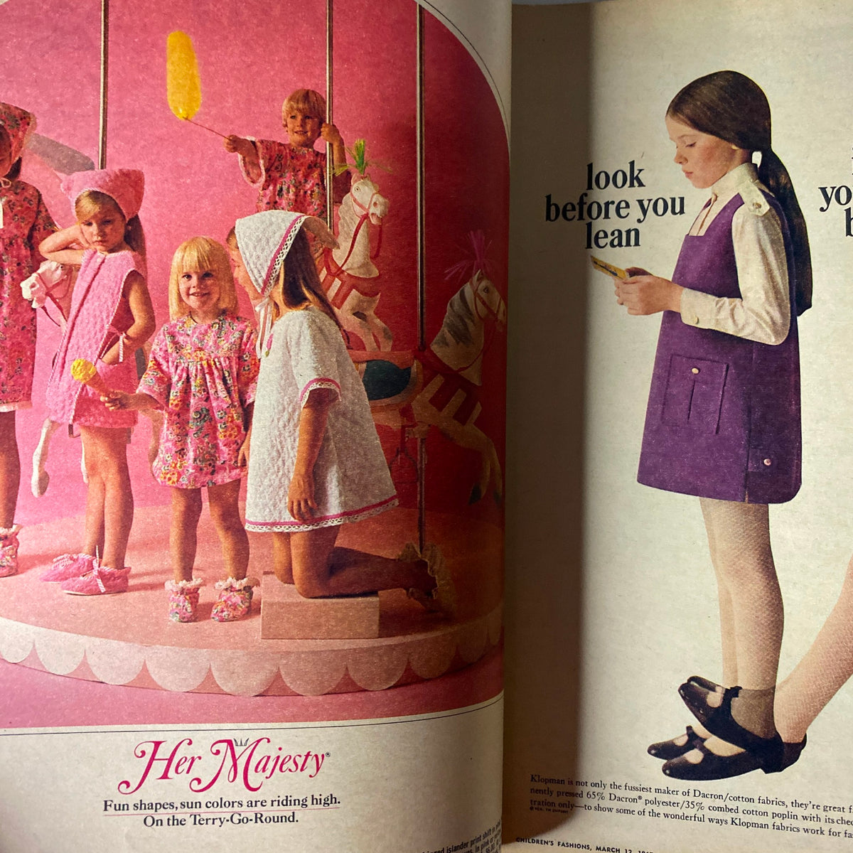 March 12, 1967 The New York Times Magazine featuring children's fashion on a carousel, showcasing playful outfits and vibrant colors for young girls.