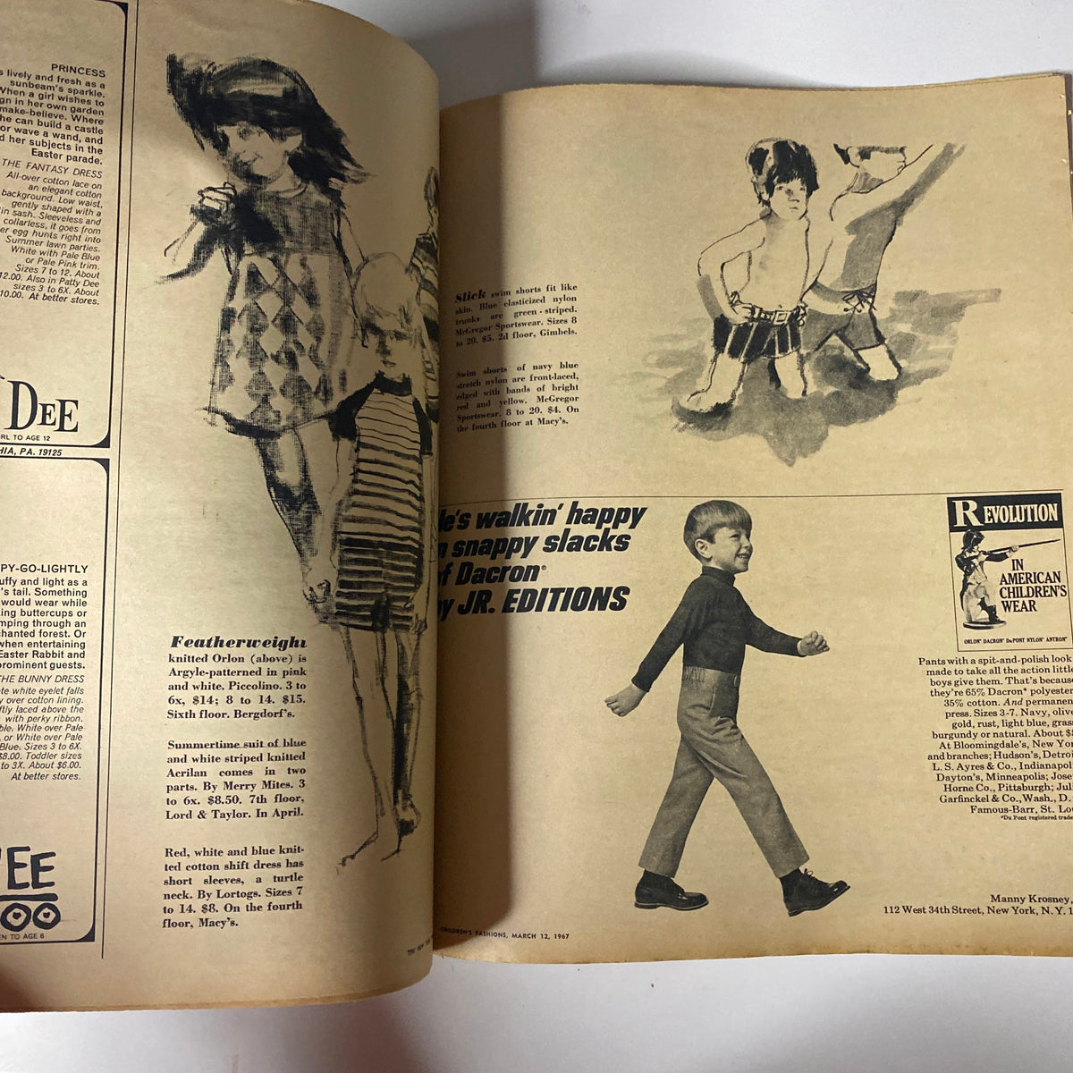 March 12, 1967 The New York Times Magazine featuring a young boy in stylish slacks and girls in fashionable dresses, representing the evolution of American children's wear.