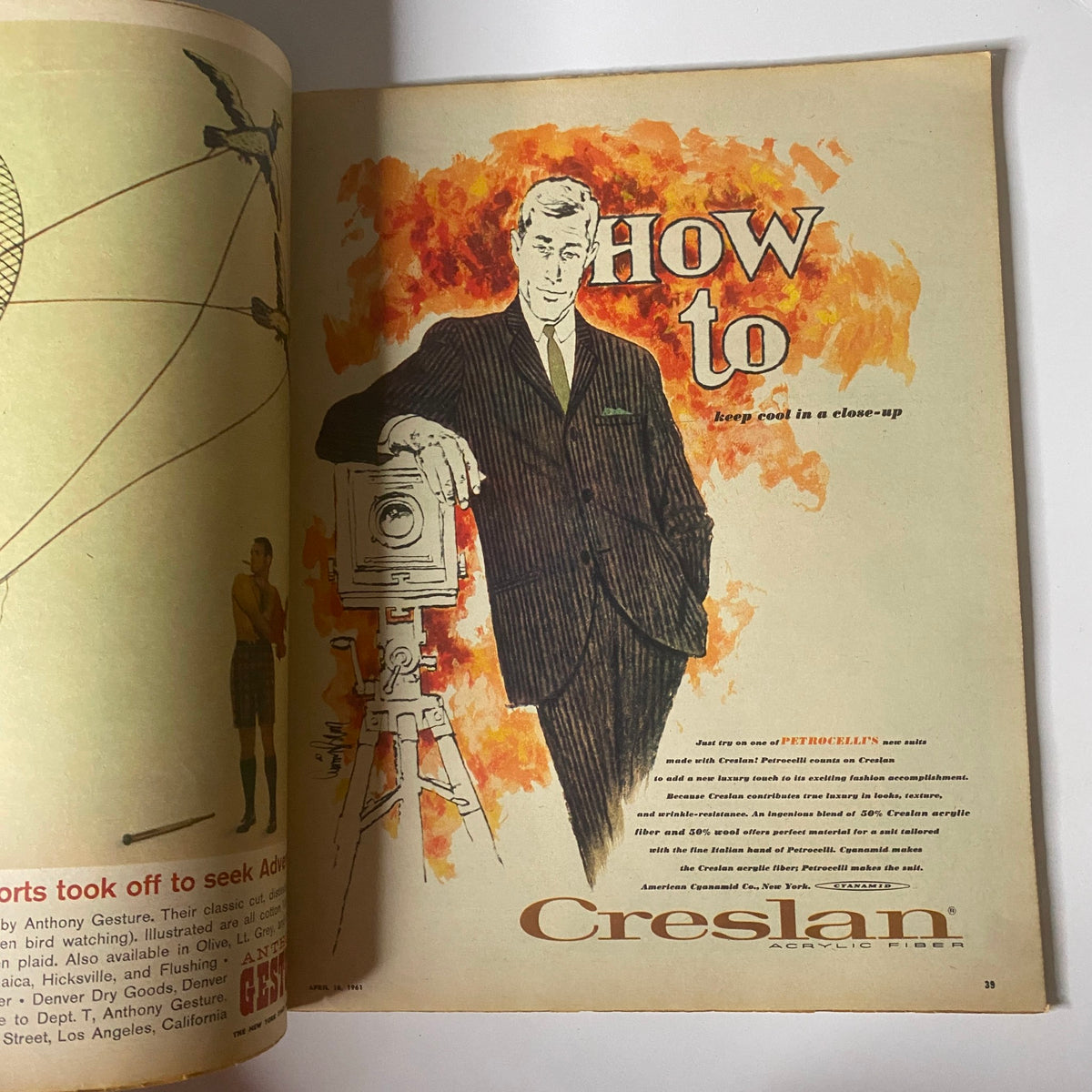 Advertisement from The New York Times Magazine April 16, 1961 illustrating a man in a suit with text on photography techniques from Creslan.