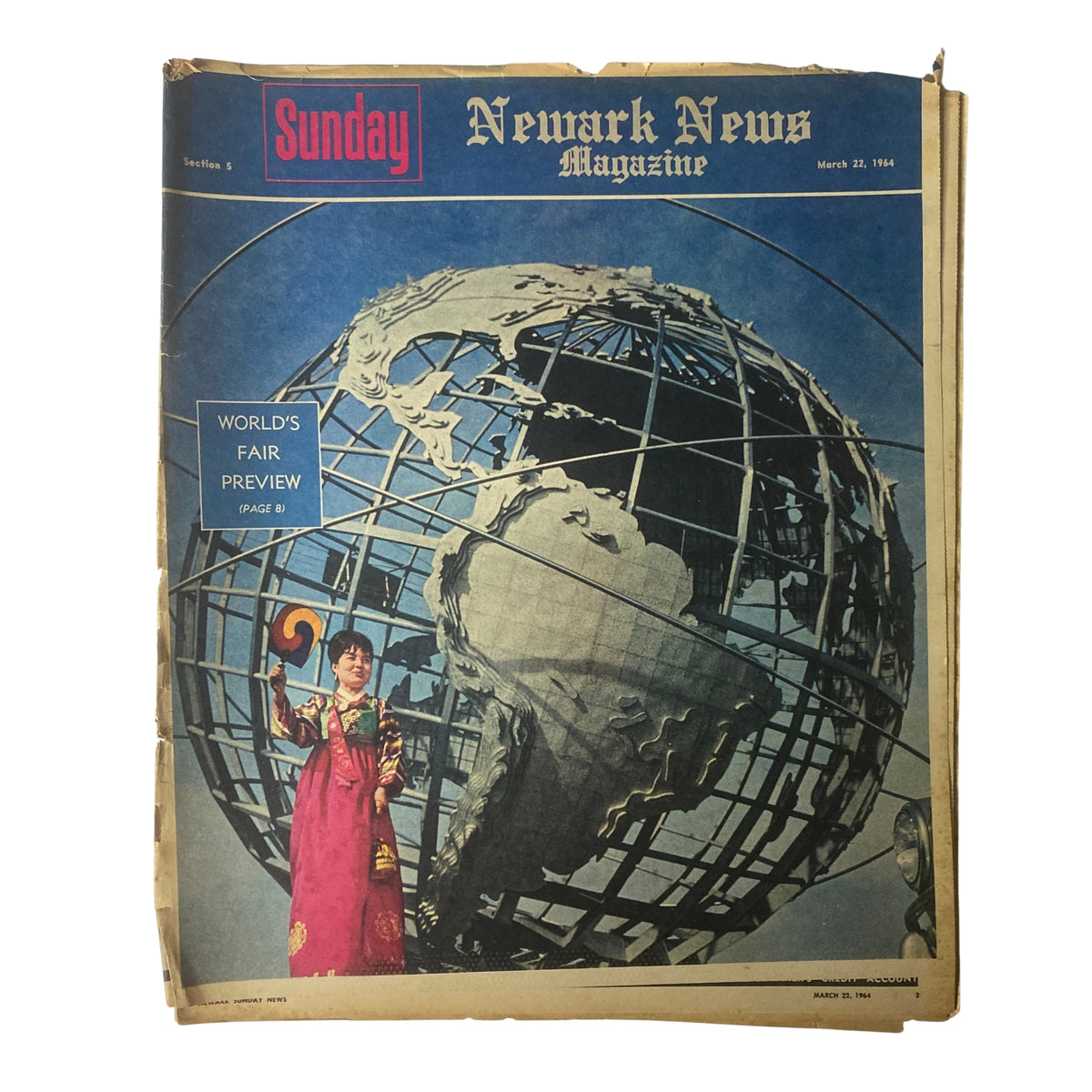Cover of Sunday Newark News Magazine from March 22, 1964, featuring a globe and a woman dressed in traditional attire for the World's Fair Preview.