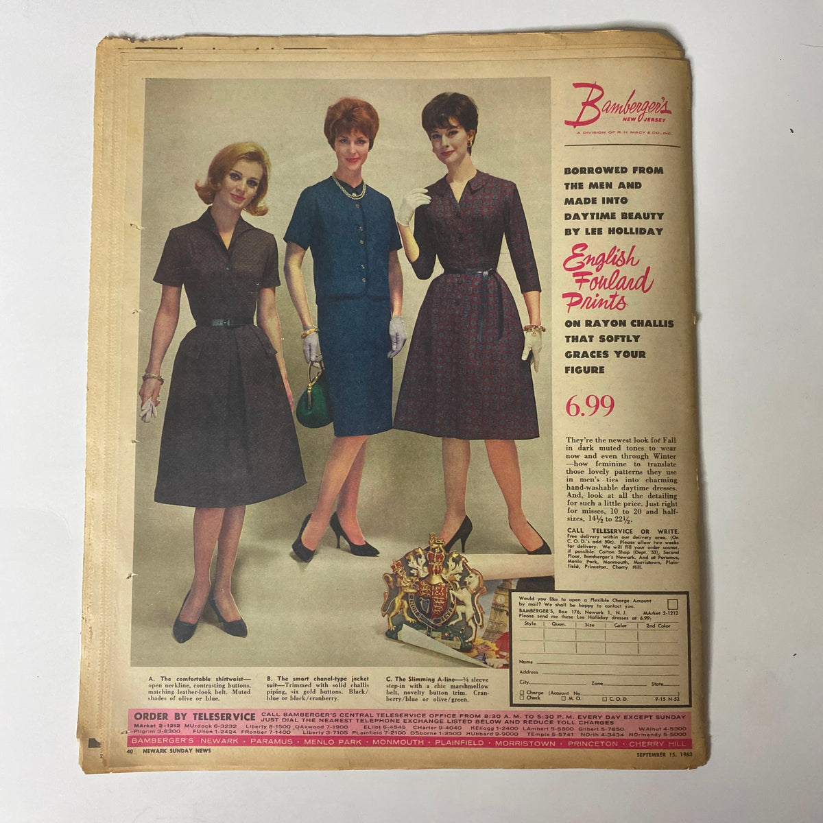 Another vintage advertisement from the Sunday Newark News Magazine September 15, 1963, promoting 'English Standard Prints' on rayon challis dresses, highlighted for their stylish appeal.