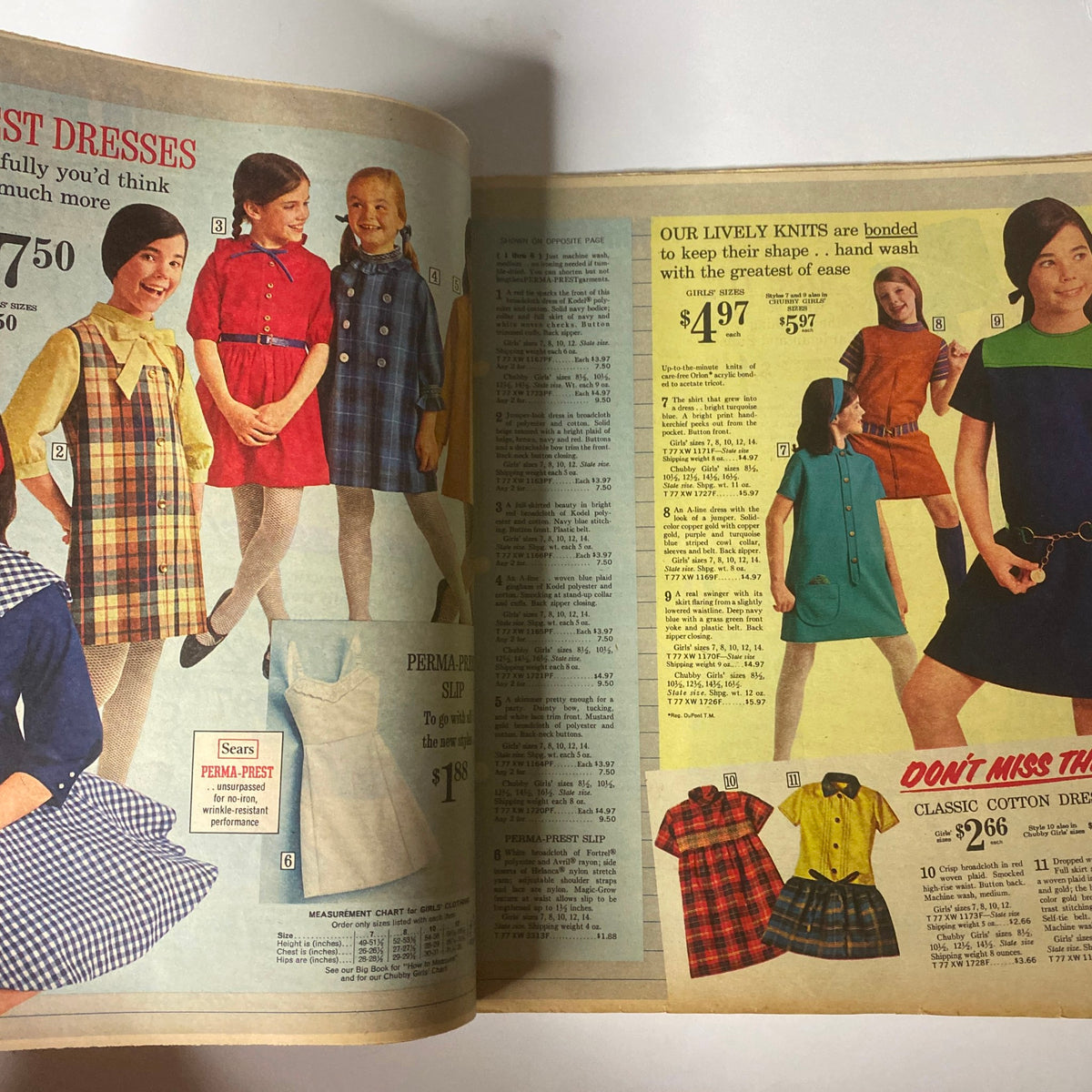 1967 Sears Timely Back To School Catalog showcasing girls' dresses with colorful patterns, including plaid and bright colors, emphasizing mid-century American fashion for back-to-school.