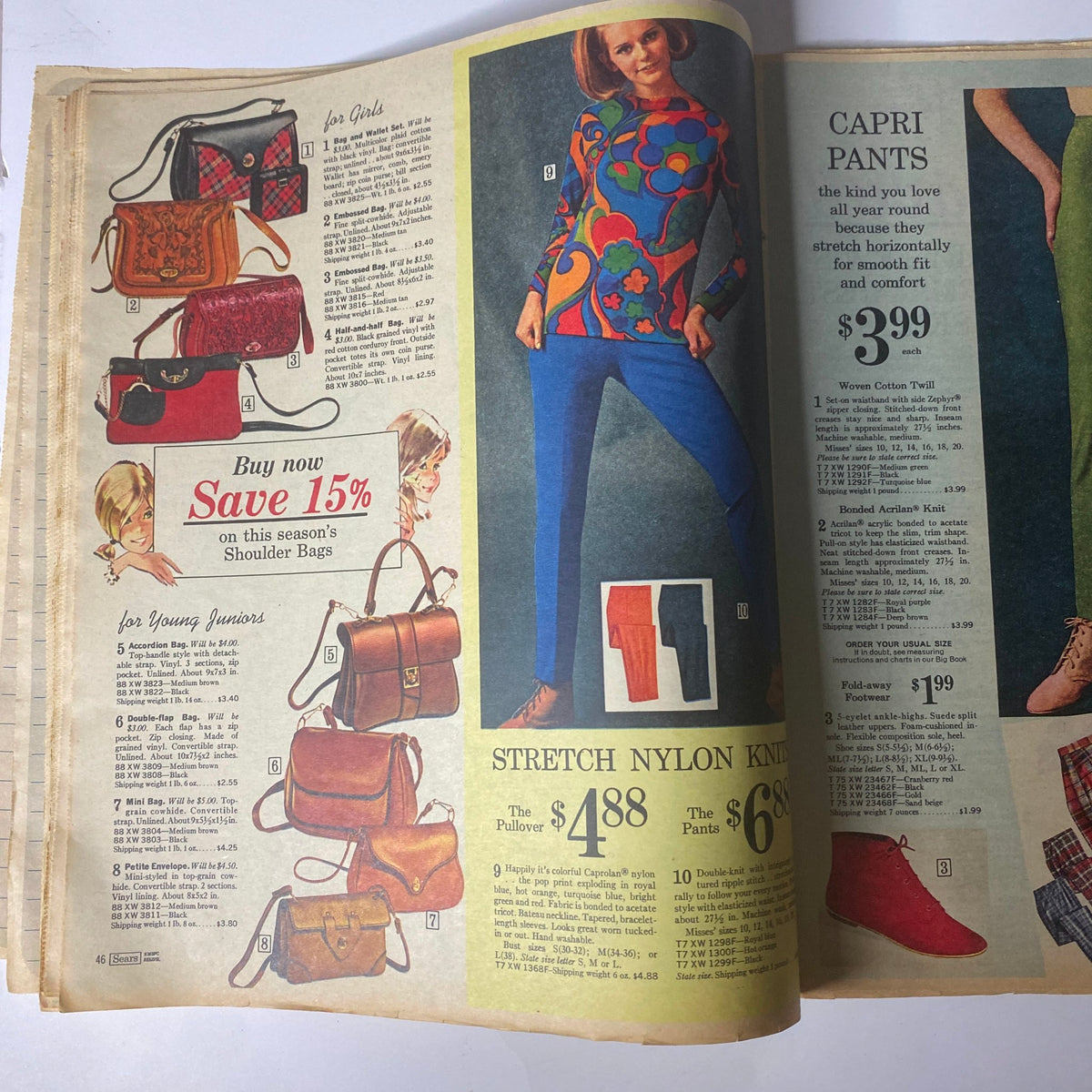 1967 Sears Timely Back To School Catalog highlighting fashionable accessories and clothing for girls and young juniors, including bags and stretch nylon pants with promotional offers.