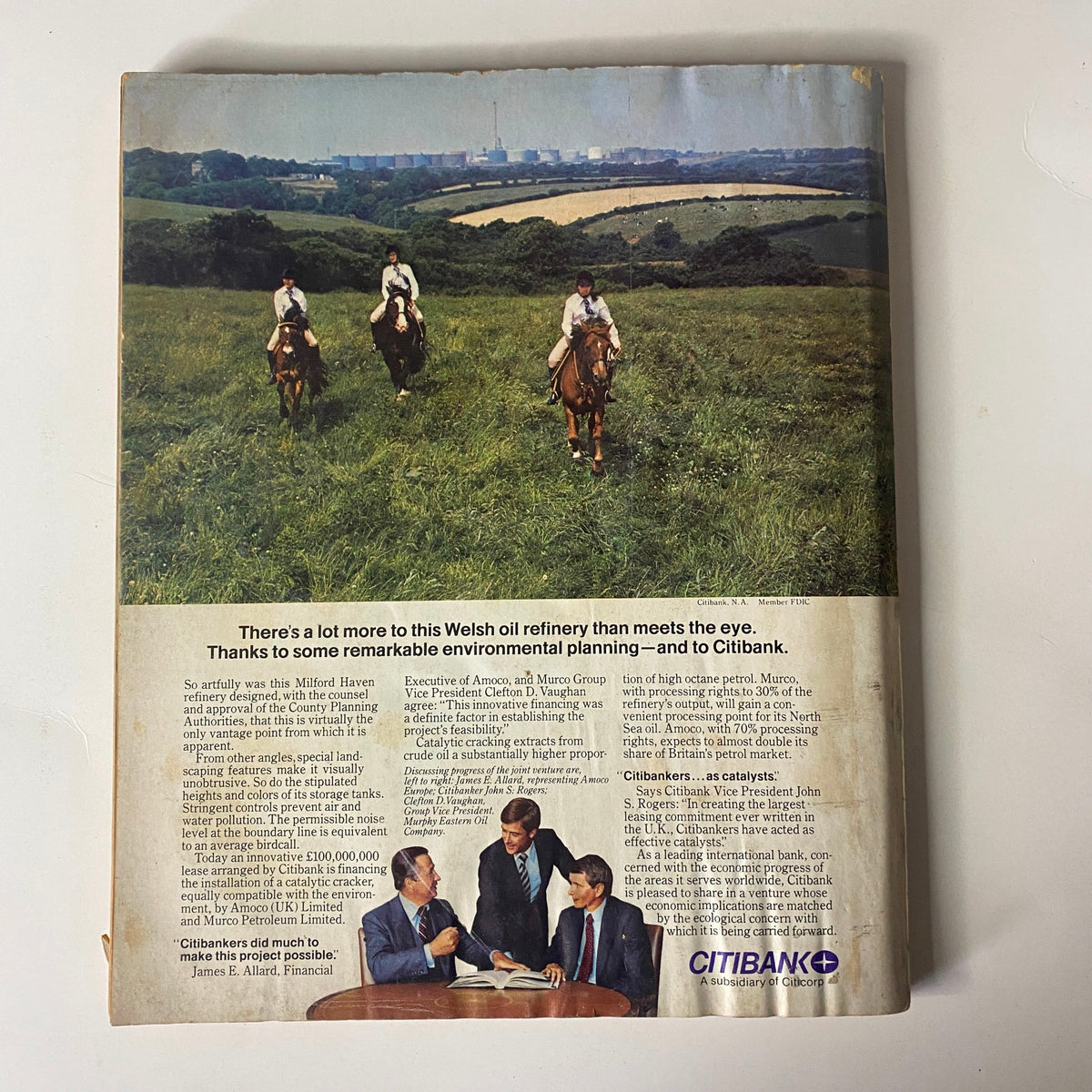 Back cover of Fortune Magazine May 5, 1980 highlighting Citibank with a scenic image of a Welsh oil refinery and a corporate message.