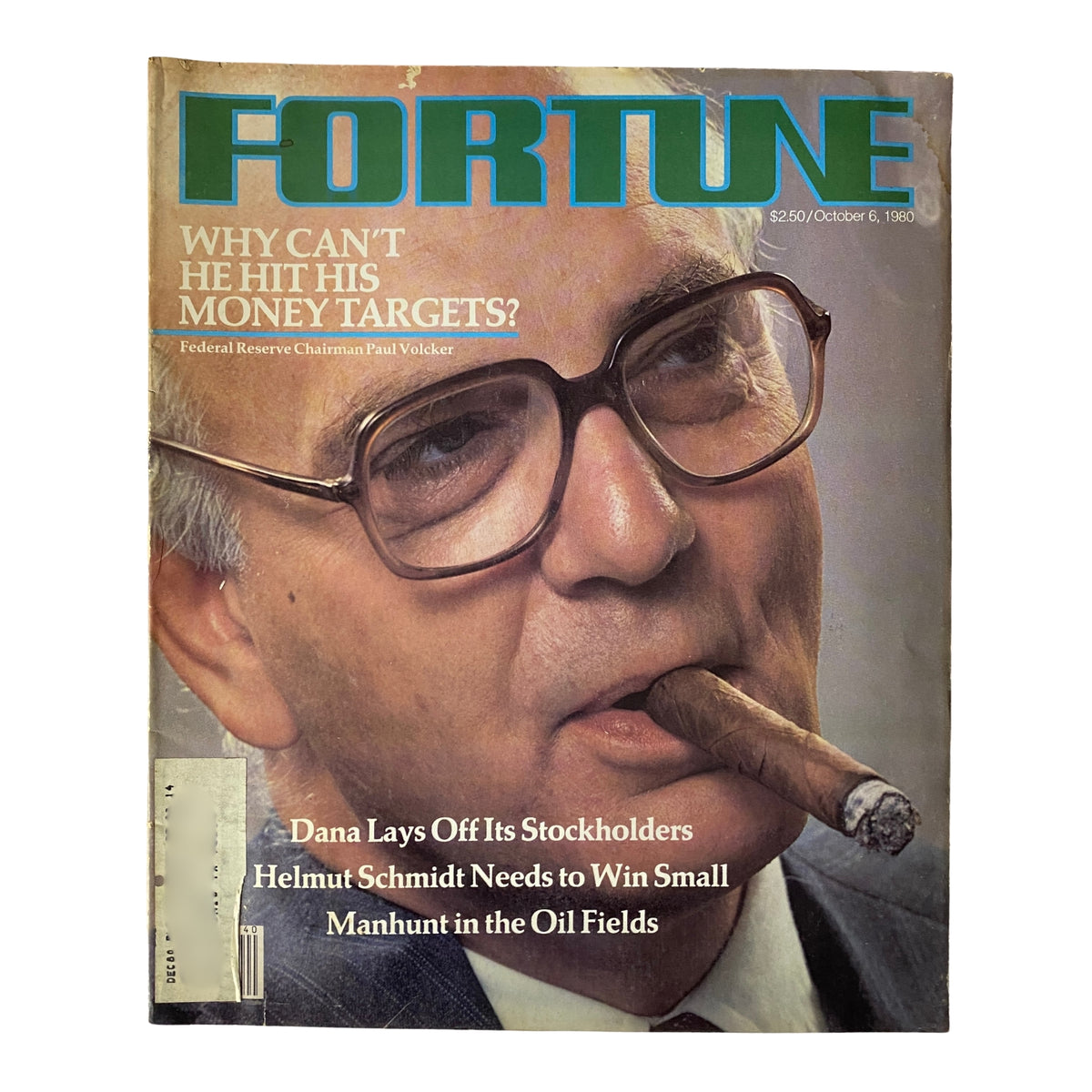 Cover of Fortune Magazine from October 6, 1980, featuring Federal Reserve Chairman Paul Volcker. The image shows Volcker's close-up portrait, highlighting his eyeglasses and serious expression, symbolic of his importance during a critical economic period.