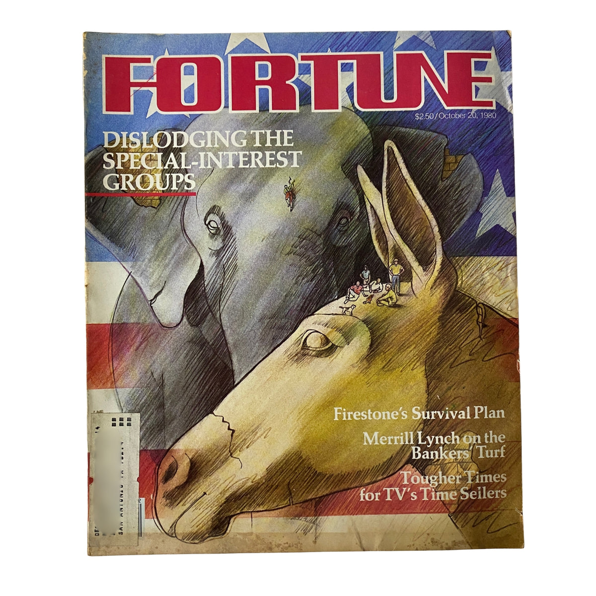 Fortune Magazine cover from October 20, 1980, featuring the title 'Dislodging the Special-Interest Groups' with illustrations of elephants and donkeys representing political parties.