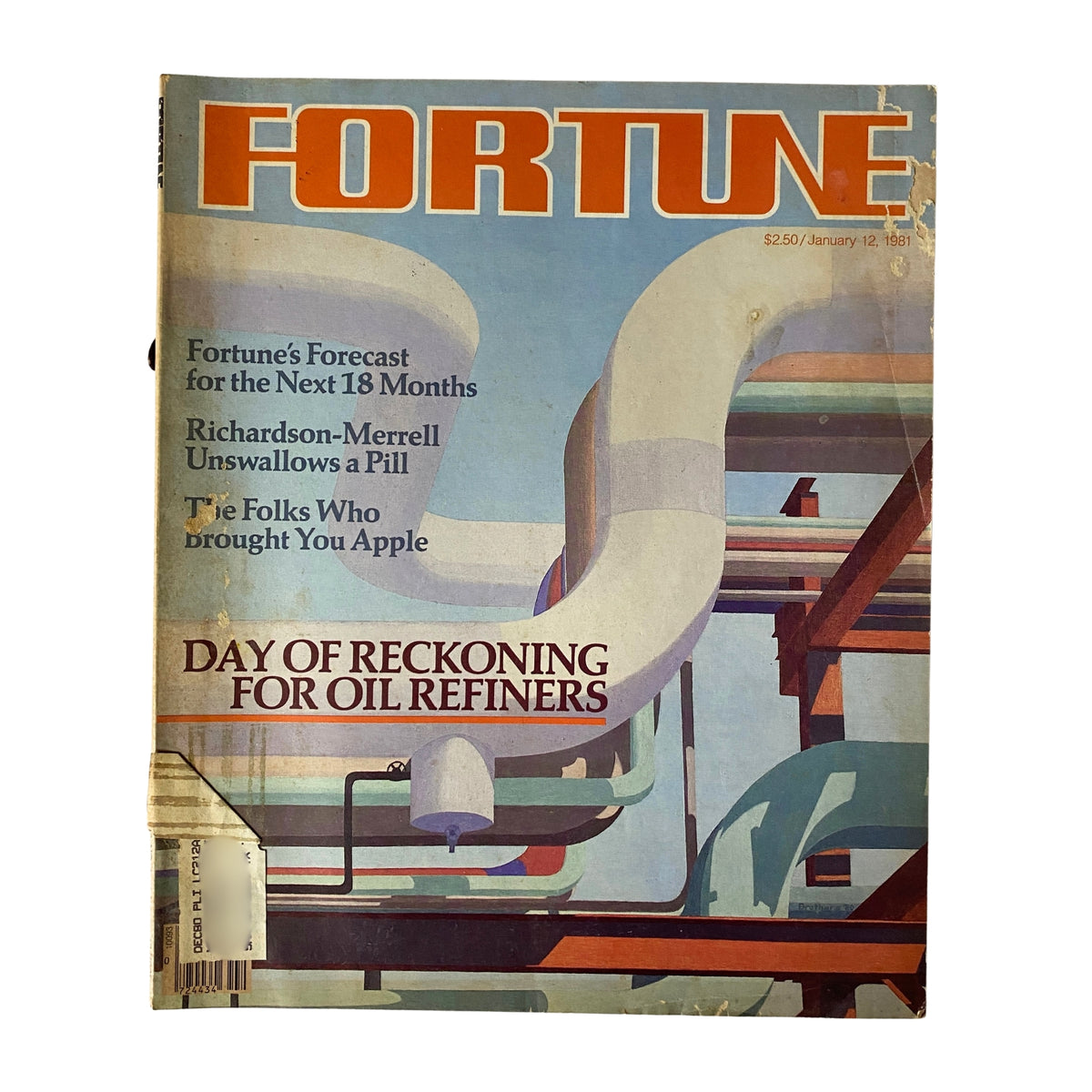 Fortune Magazine cover from January 12, 1981, featuring the title 'Day of Reckoning for Oil Refiners' along with headlines on Richardson-Merrell and Fortune's forecast for the next 18 months. A visual representation of the energy sector and corporate strategies from the 1980s.