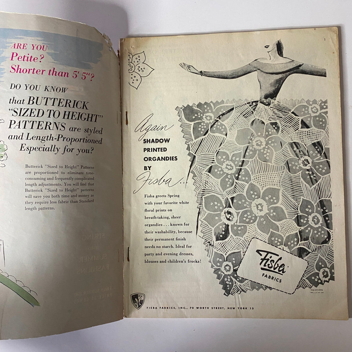 Interior page of the 1948 Butterick Spring and Summer Pattern Book showing an advertisement for Shadow Printed Organdies by Fisha Fabrics, promoting spring fabrics and designs.