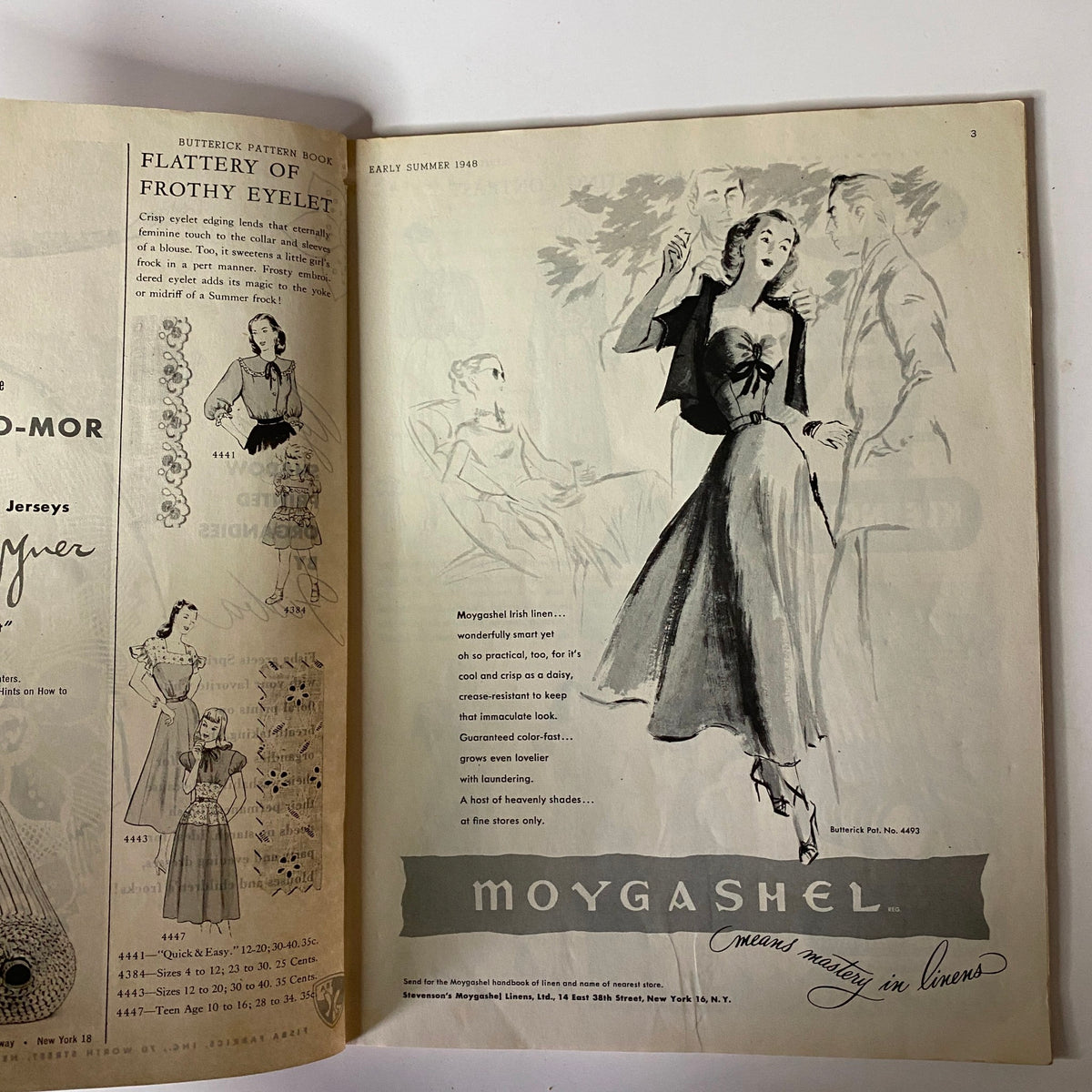 Interior page of the 1948 Butterick Spring and Summer Pattern Book featuring an illustration of elegant dresses and an advertisement for Moygashel fabrics, representative of vintage fashion styles.