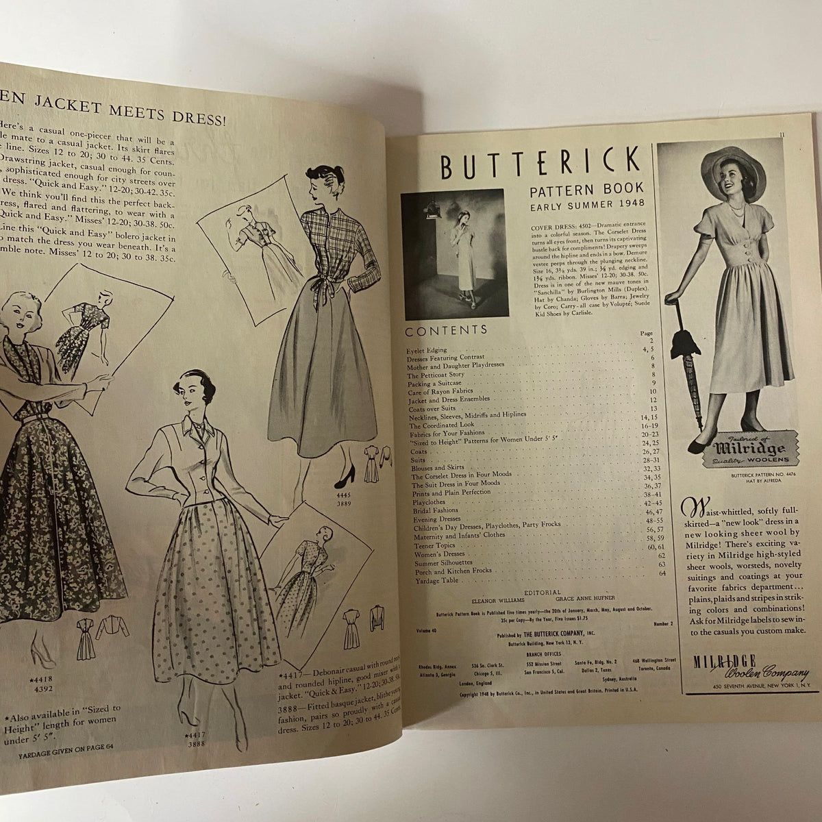 Interior page of the 1948 Butterick Spring and Summer Pattern Book with multiple fashion illustrations, showcasing patterns and styles available in early summer 1948.