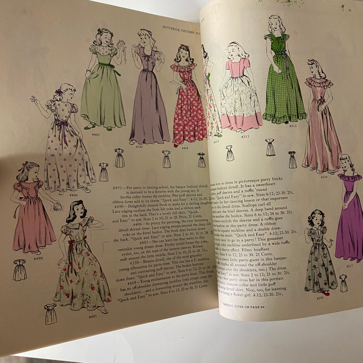1948 Butterick Spring and Summer Pattern Book Catalog highlighting children's party dress designs, illustrated with various styles in playful fabrics and colors.