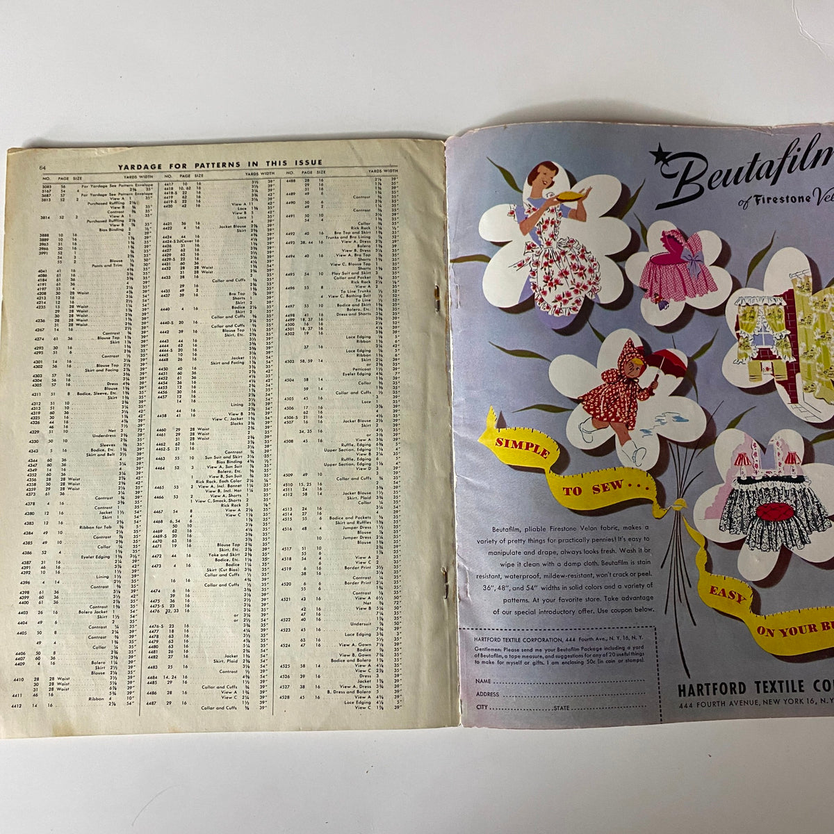 1948 Butterick Spring and Summer Pattern Book Catalog containing a fabric yardage chart, alongside an advertisement featuring sewing products, emphasizing the ease of garment creation.