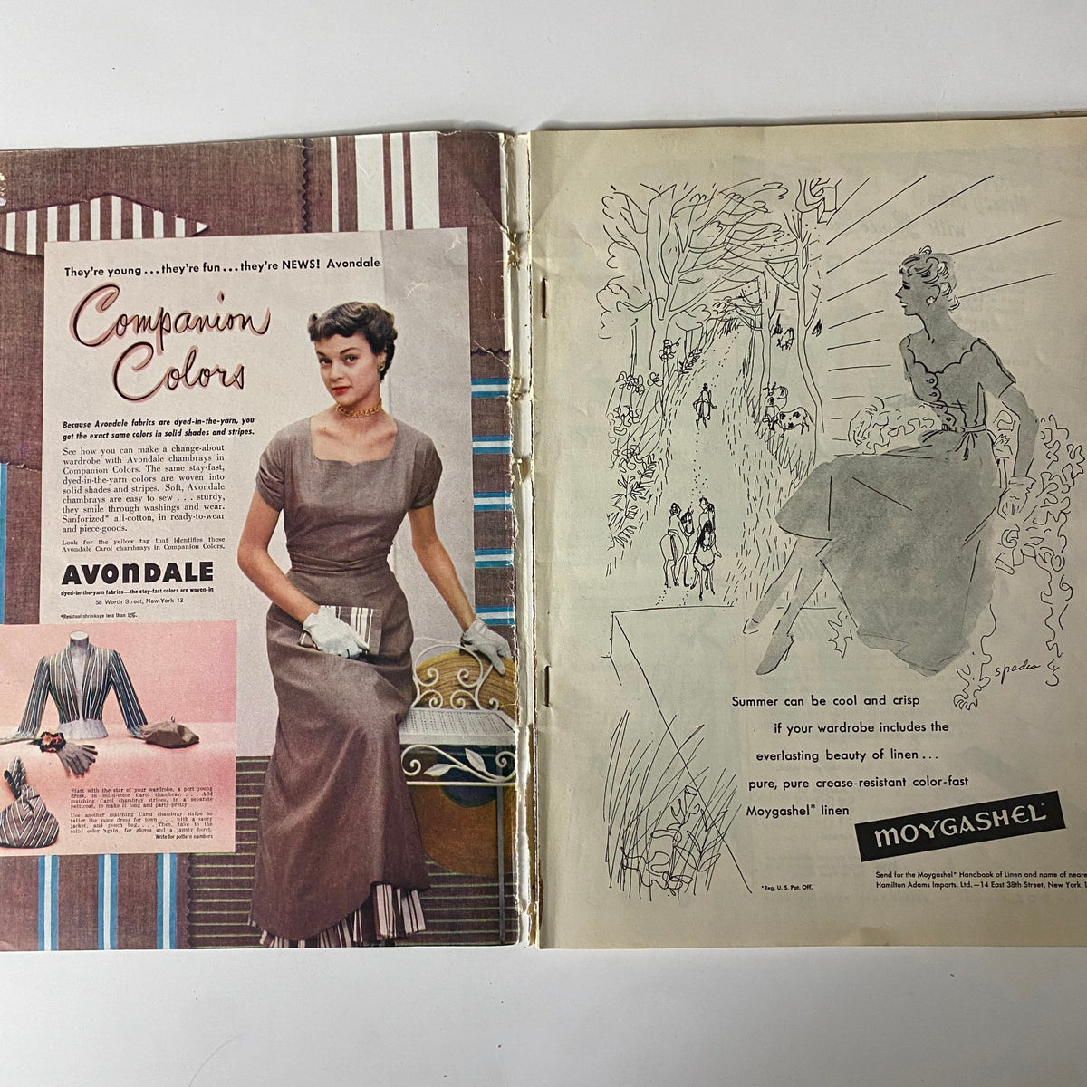 Interior page from the 1949 Butterick Early Summer Pattern Book displaying a vintage fashion advertisement featuring the 'Avondale' dress and accessory suggestions.