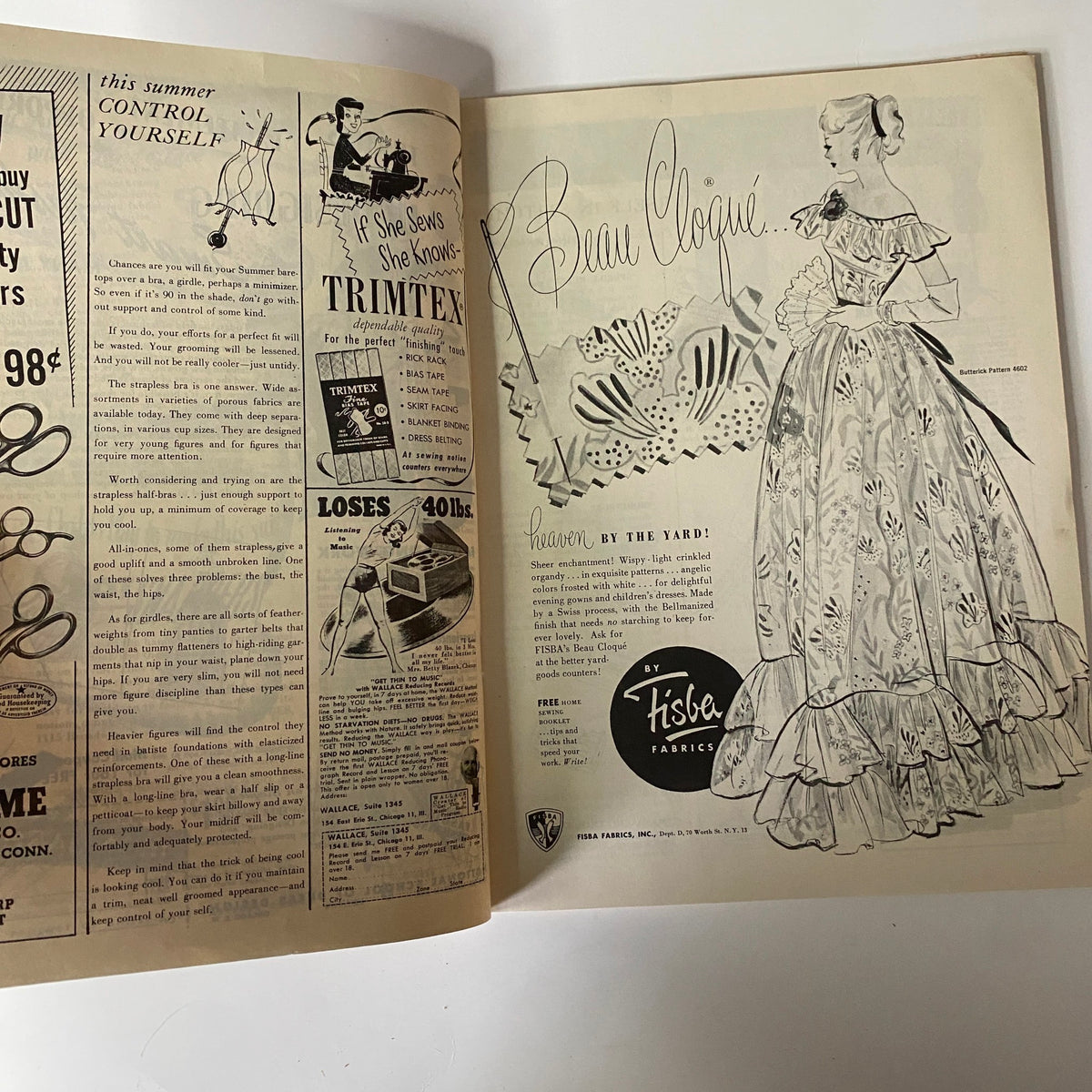 Interior page from the 1949 Butterick Early Summer Pattern Book with a detailed fashion illustration of elegant dresses and a description of fabric options.