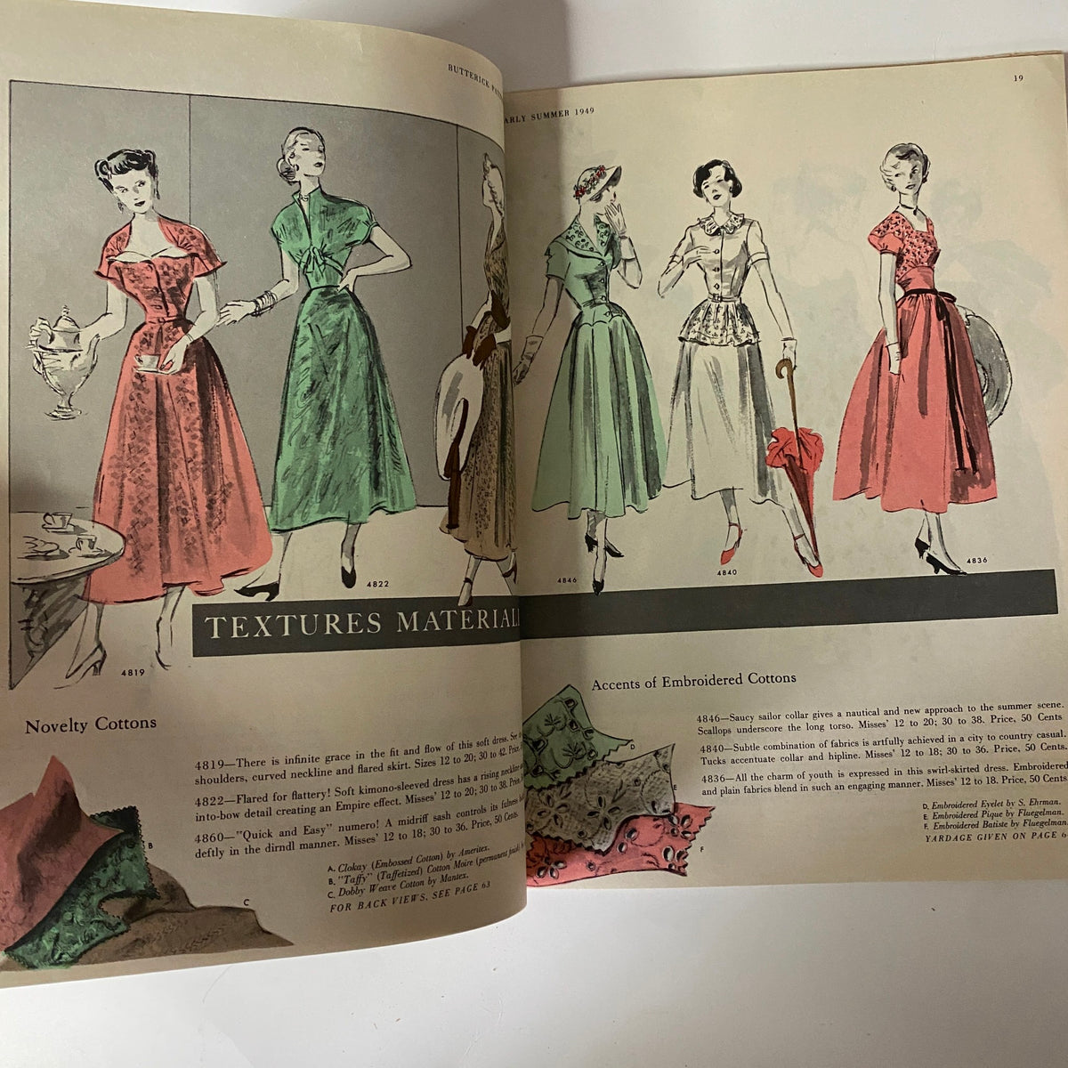 Interior illustration from the 1949 Butterick Early Summer Pattern Book showcasing various vintage dress designs and textile options in vibrant colors.