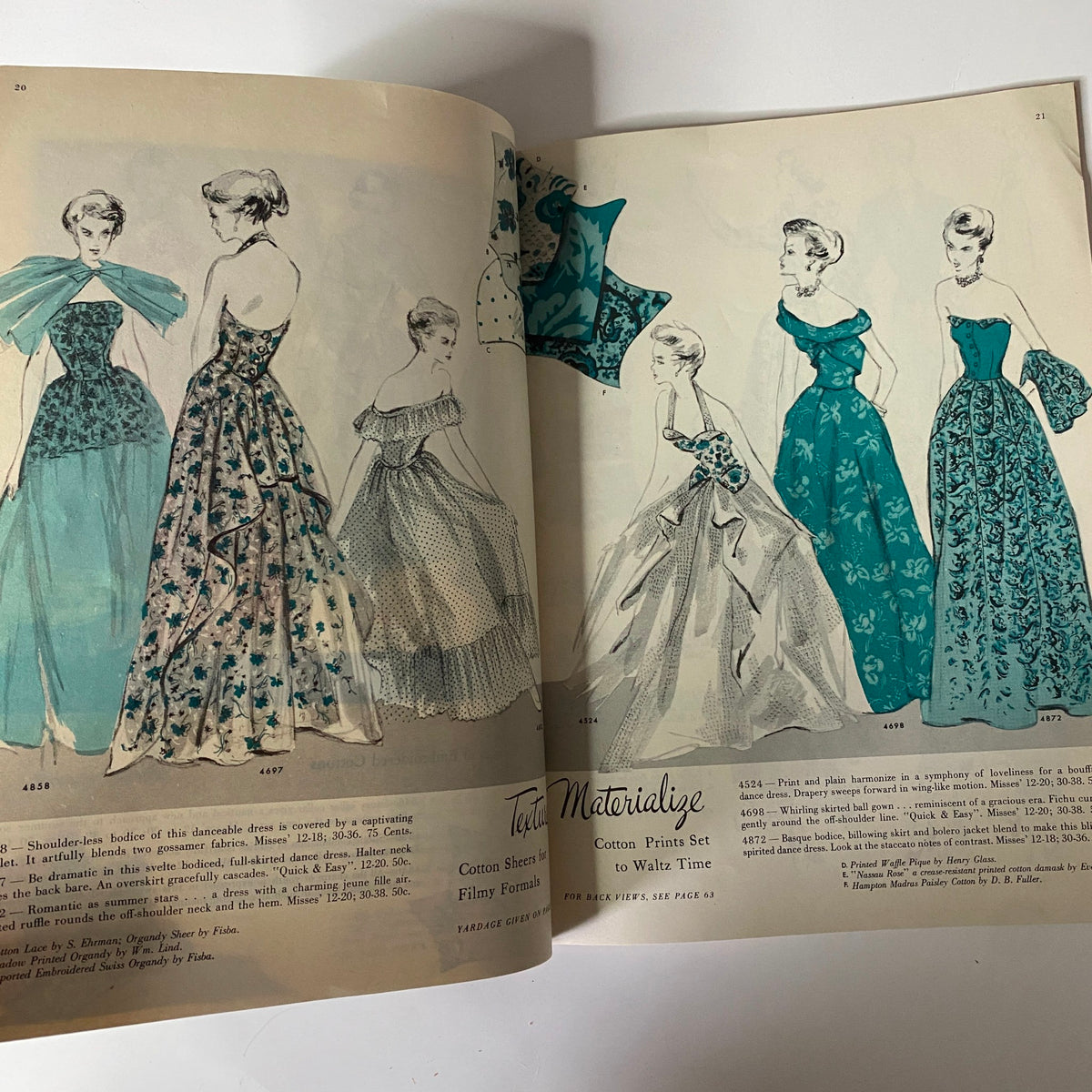 1949 Butterick Early Summer Pattern Book showcasing elegant evening dresses with floral patterns and a vibrant turquoise color scheme, featuring the latest trends in feminine fashion.