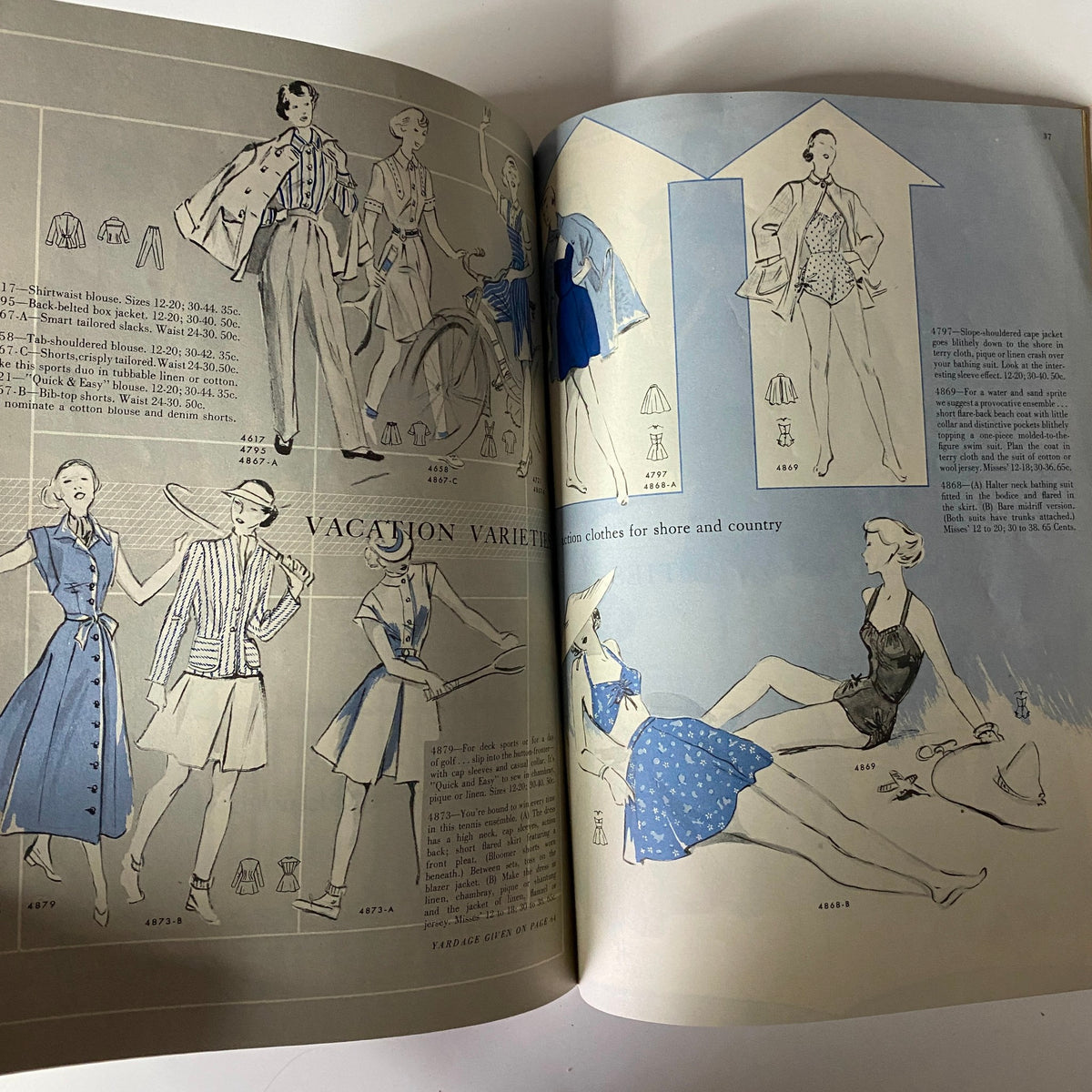 1949 Butterick Early Summer Pattern Book displaying vacation-inspired attire, including stylish swimwear and casual outfits in blue tones designed for summer leisure activities.